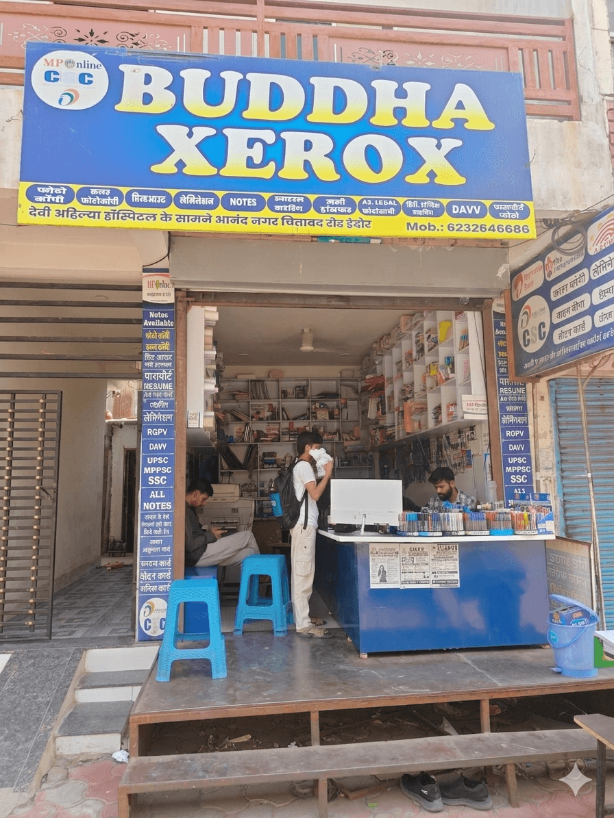 Buddha Xerox shop front, Anand Nagar Indore